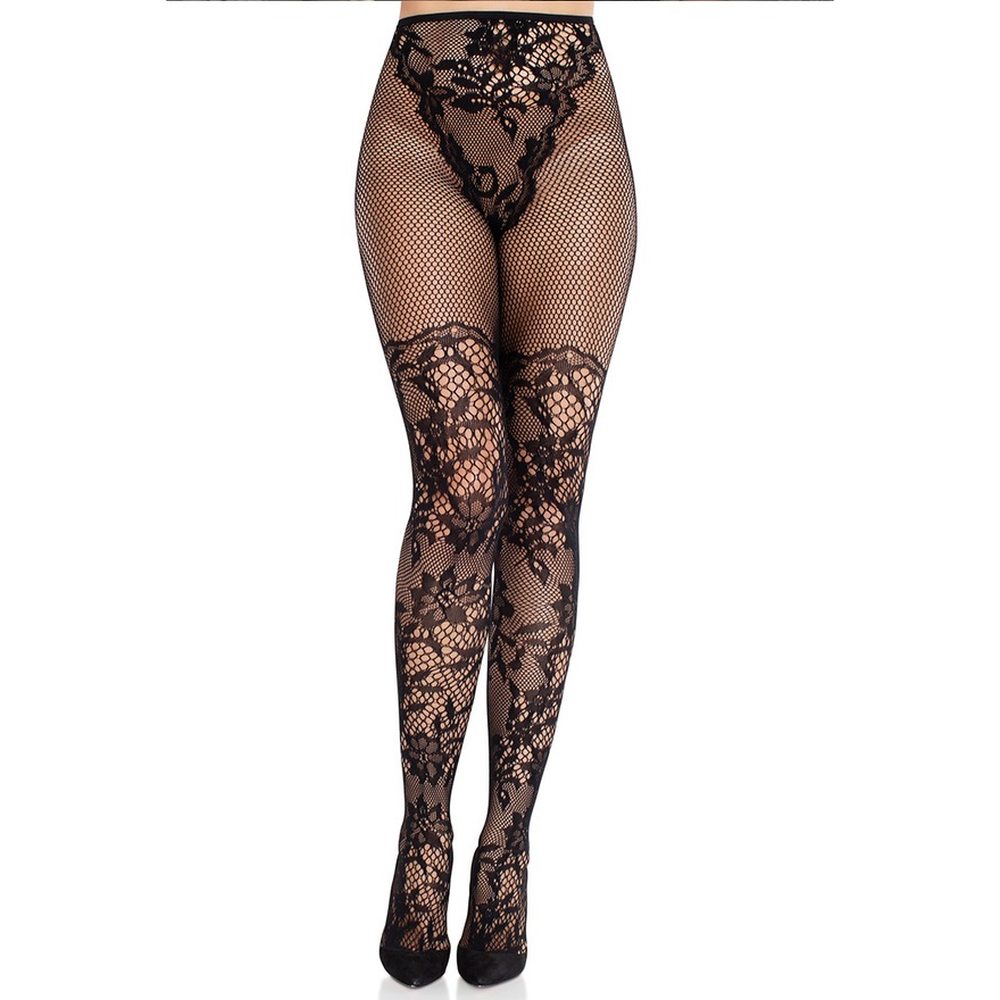 Leg Avenue - Dahlia Lace with Net Thigh Detail Collants - Noir